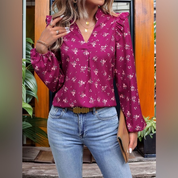 Ruffled Printed Notched Long Sleeve Blouse - Picture 5 of 6